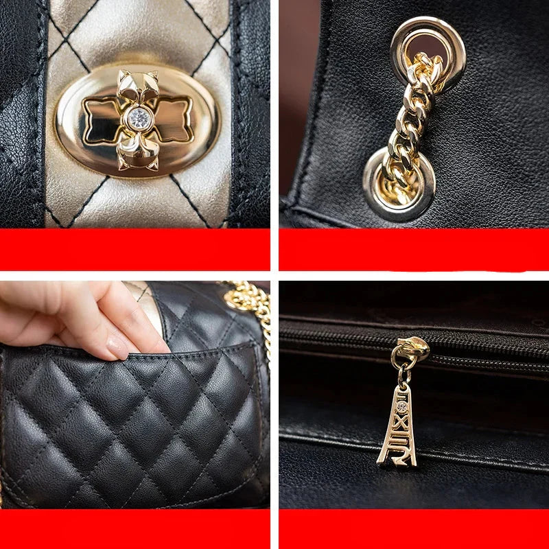 Sac matelassé noir femme, anses à maillons dorés, 22 x 12 cm