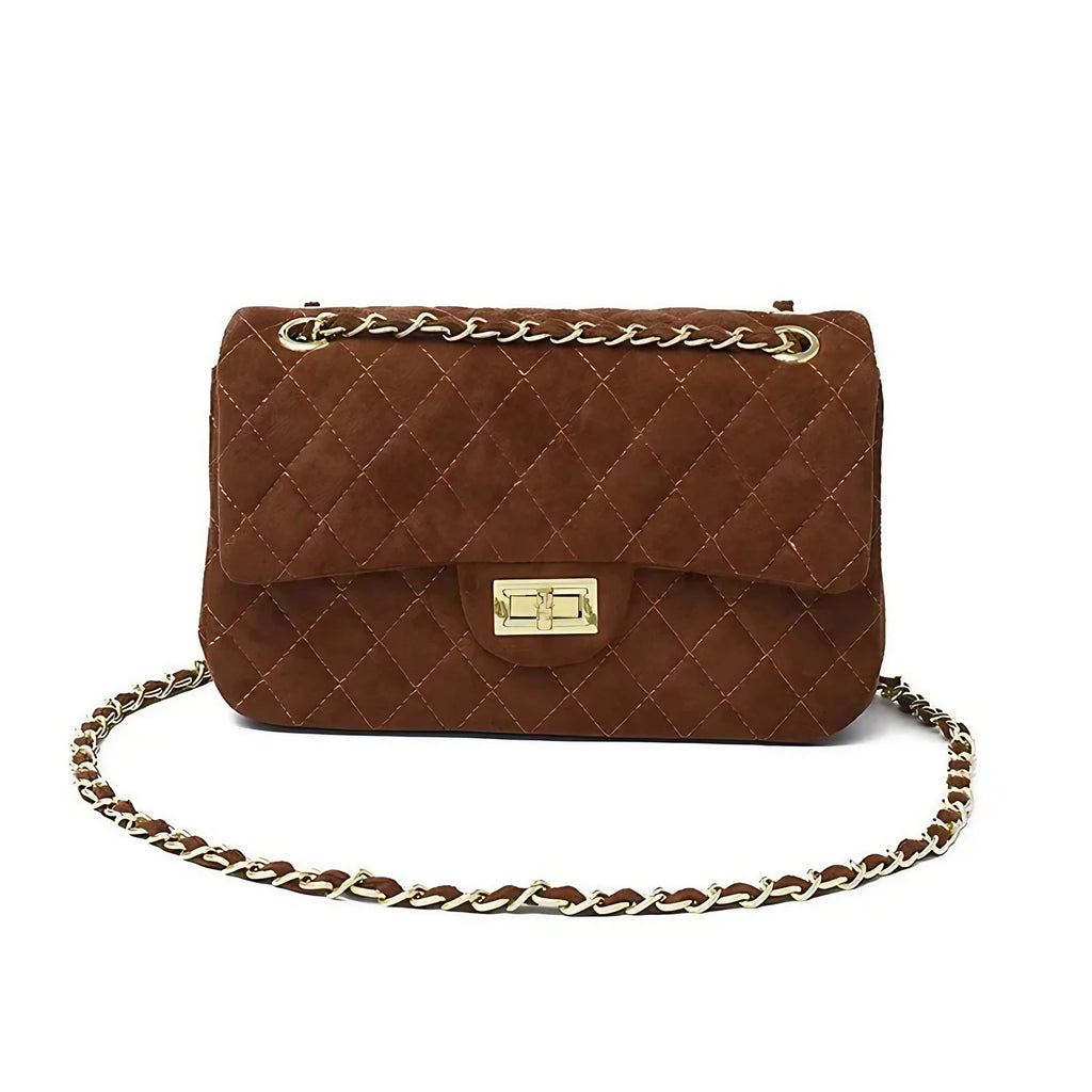 Sac bandoulière femme matelassé à chaîne, en suédine, six coloris, marron