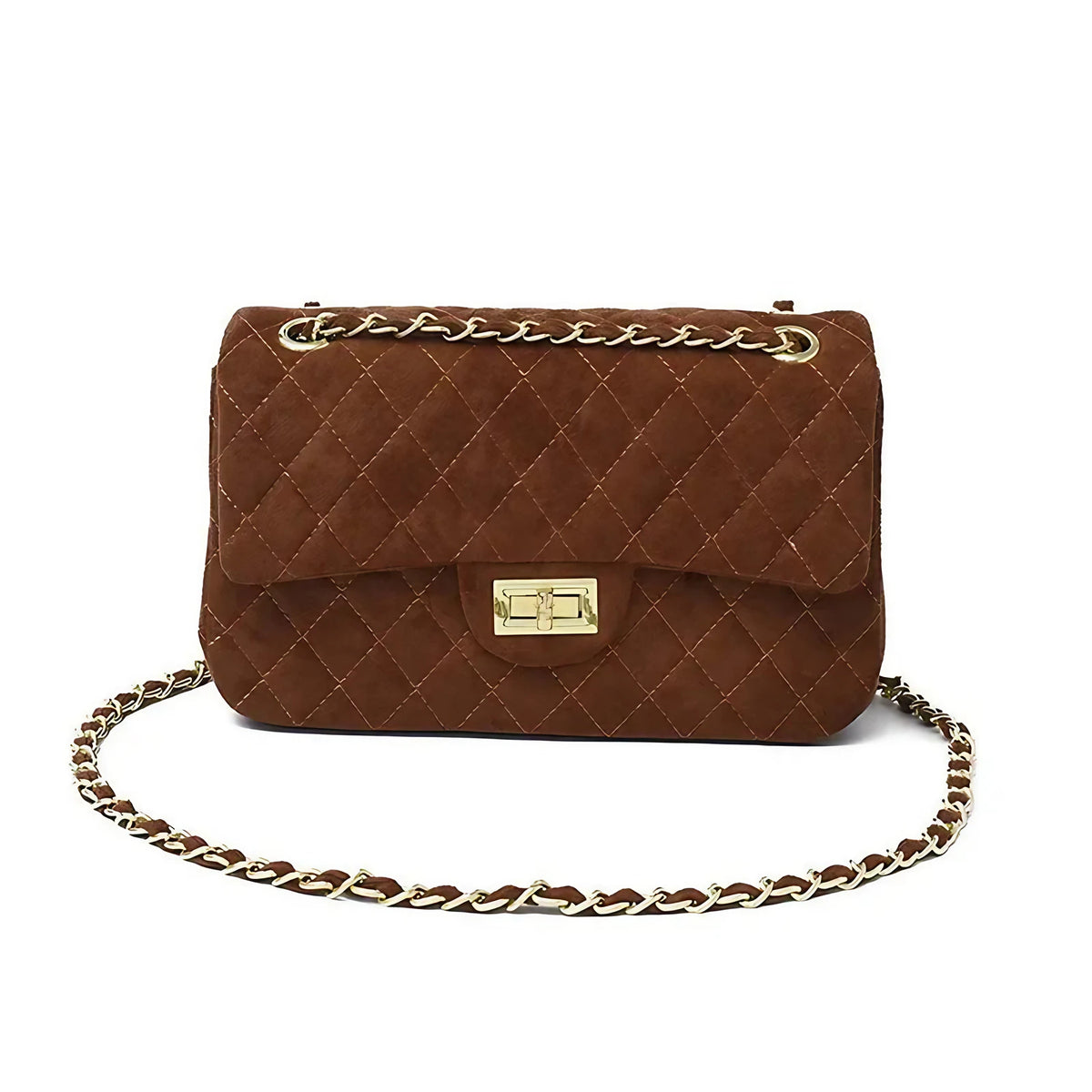 Sac bandoulière femme matelassé à chaîne, en suédine, six coloris, marron