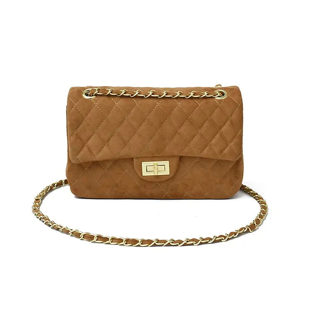 Sac bandoulière femme matelassé à chaîne, en suédine, six coloris, camel