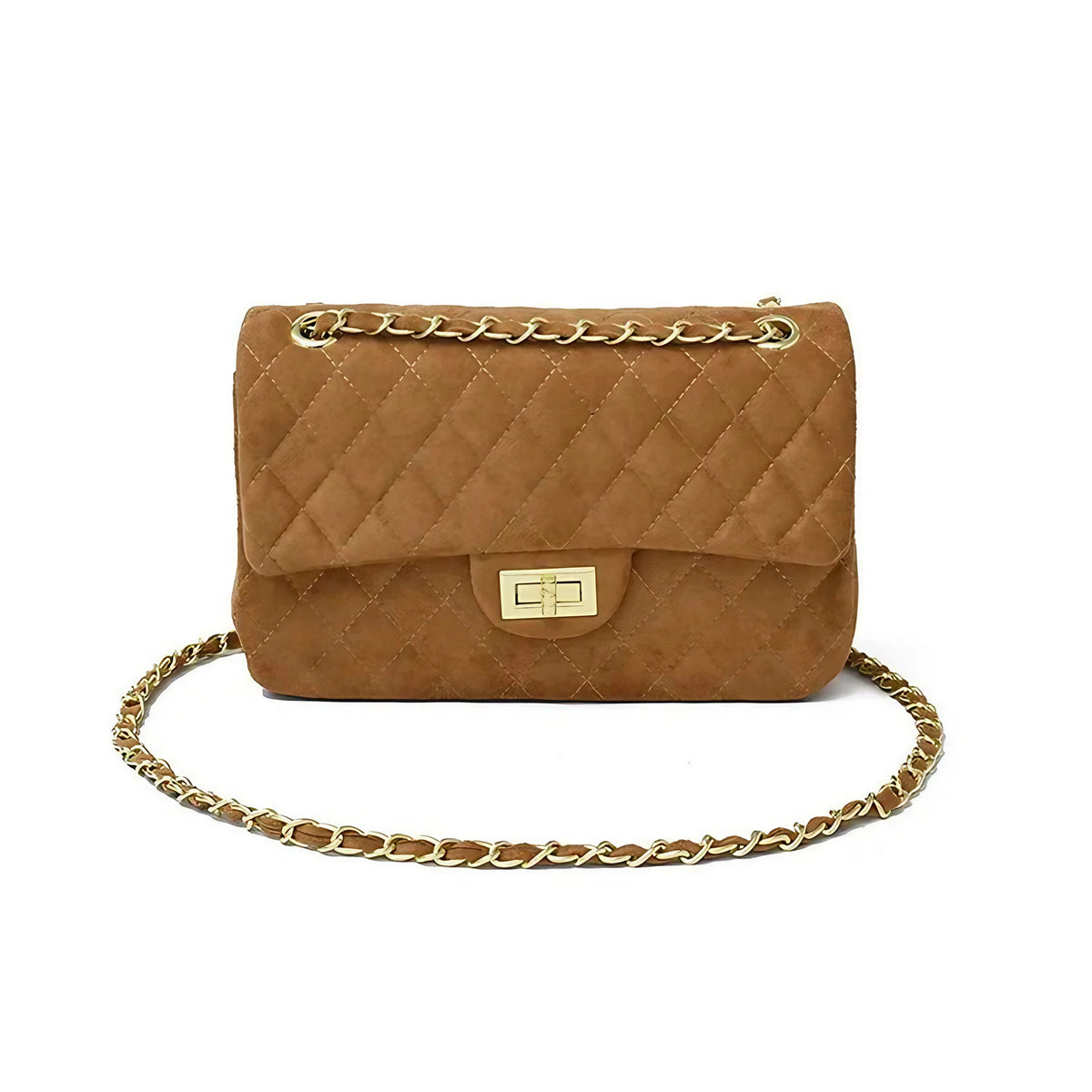 Sac bandoulière femme matelassé à chaîne, en suédine, six coloris, camel