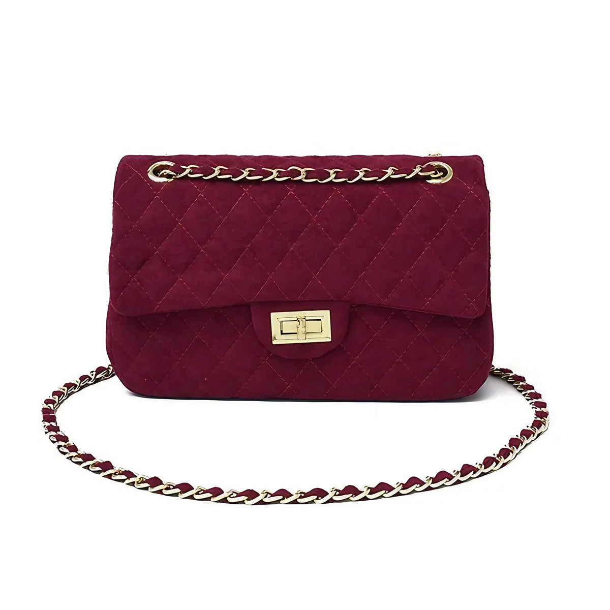 Sac bandoulière femme matelassé à chaîne, en suédine, six coloris, bordeaux