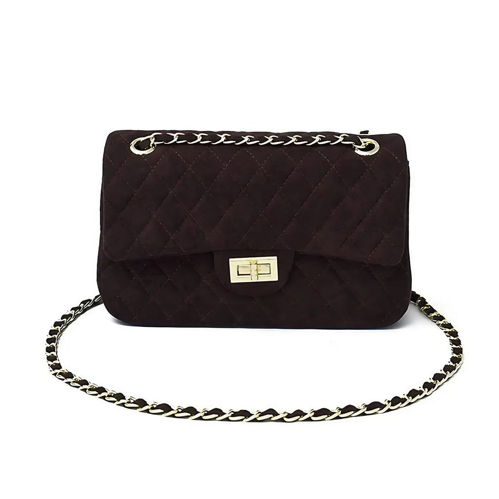 Sac bandoulière femme matelassé à chaîne, en suédine, six coloris, café