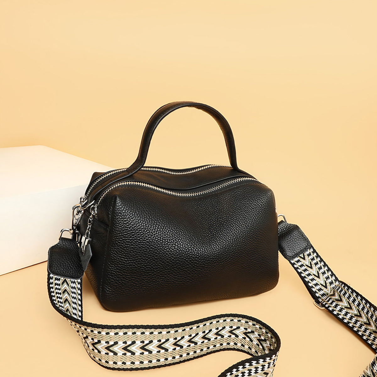 Sac bandoulière femme souple noir, deux compartiments zippés, noir