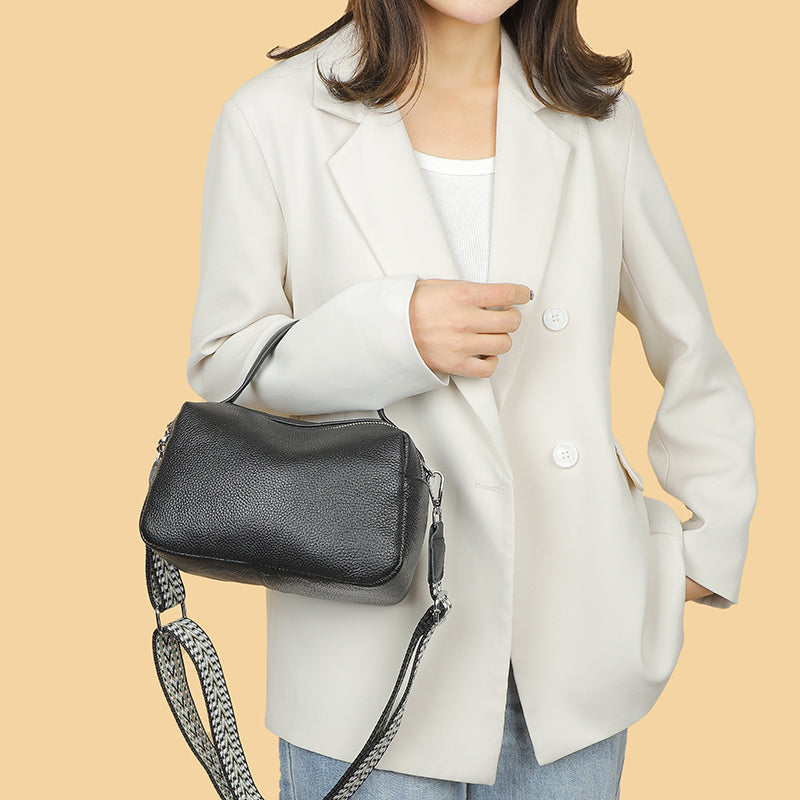 Sac bandoulière femme souple noir, deux compartiments zippés