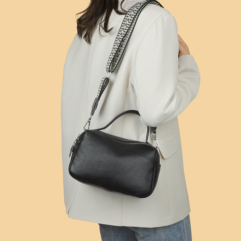 Sac bandoulière femme souple noir, deux compartiments zippés