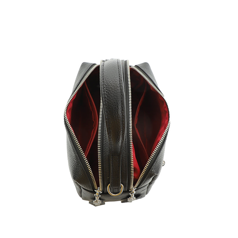 Sac bandoulière femme souple noir, deux compartiments zippés