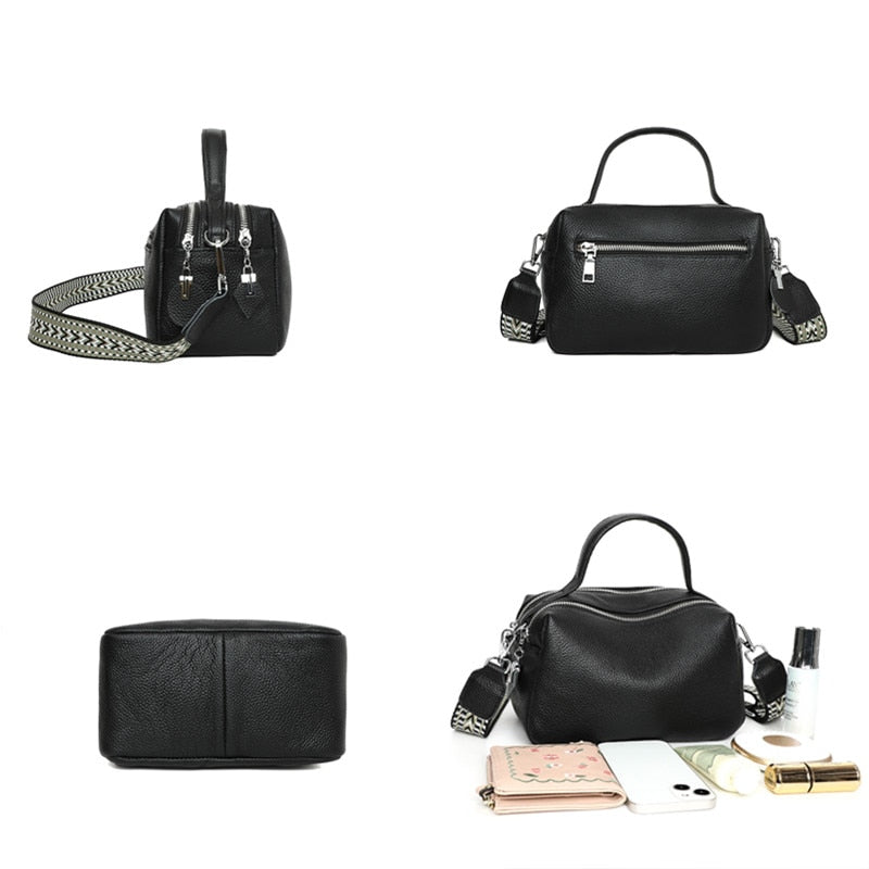 Sac bandoulière femme souple noir, deux compartiments zippés