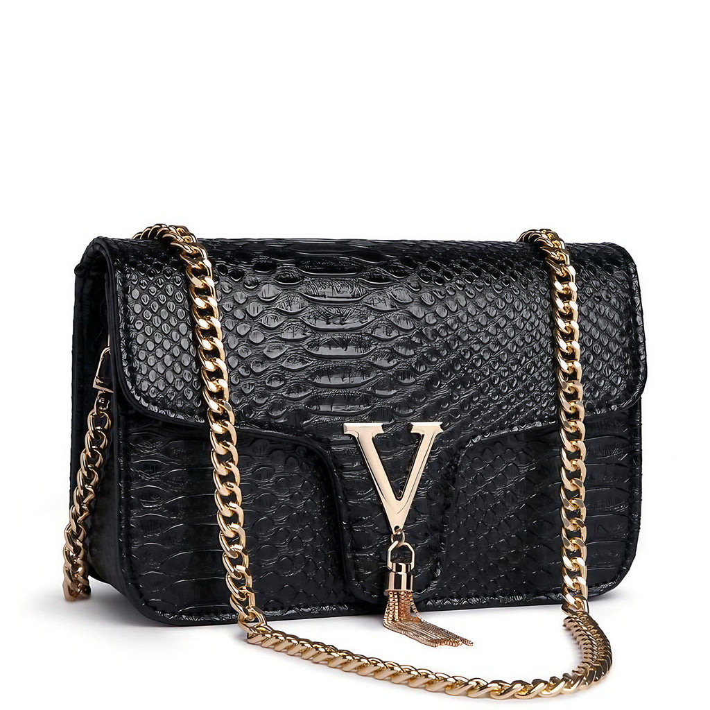Sac bandoulière noir rectangulaire femme, anse à maillons dorés, noir