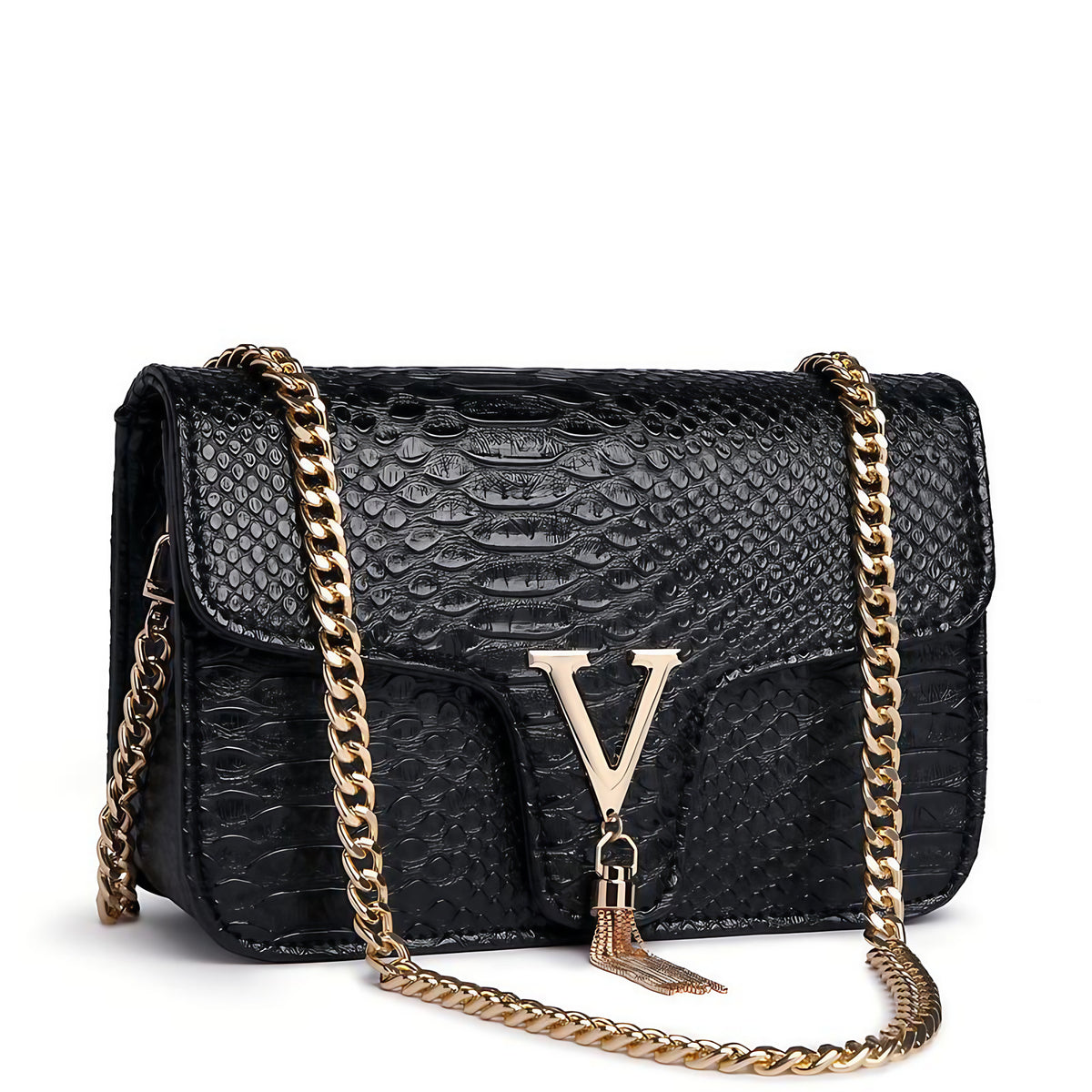 Sac bandoulière noir rectangulaire femme, anse à maillons dorés, noir