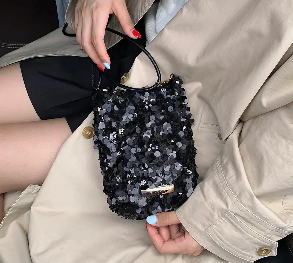 Petit sac bandoulière à sequins femme, écru ou noir