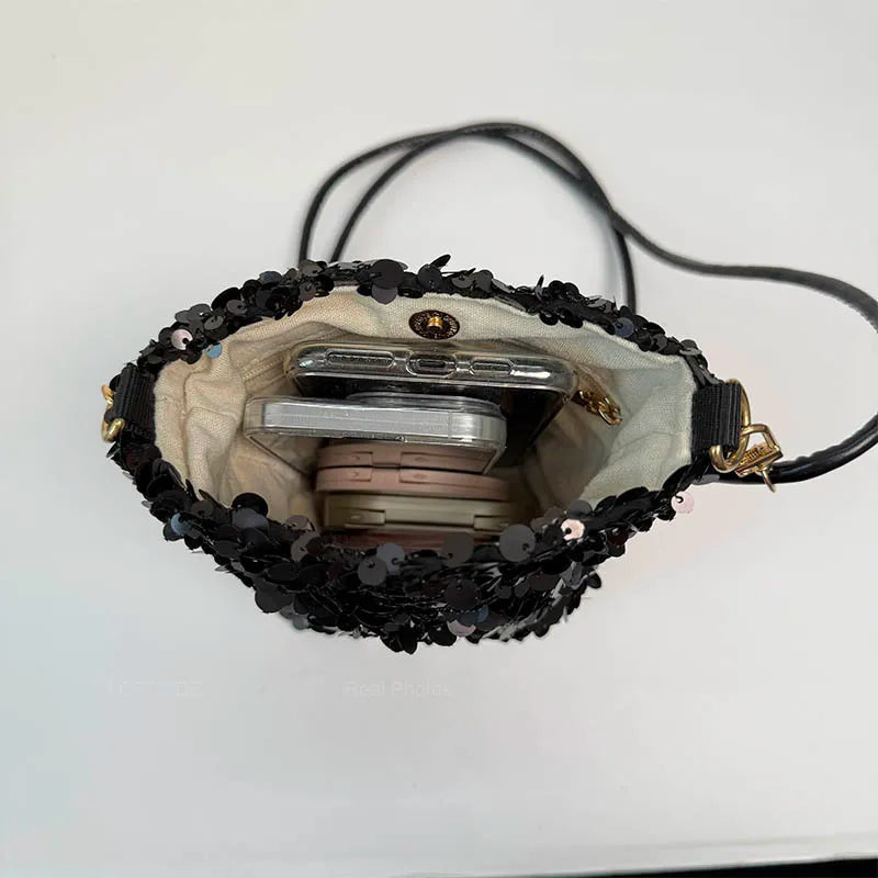 Petit sac bandoulière à sequins femme, écru ou noir