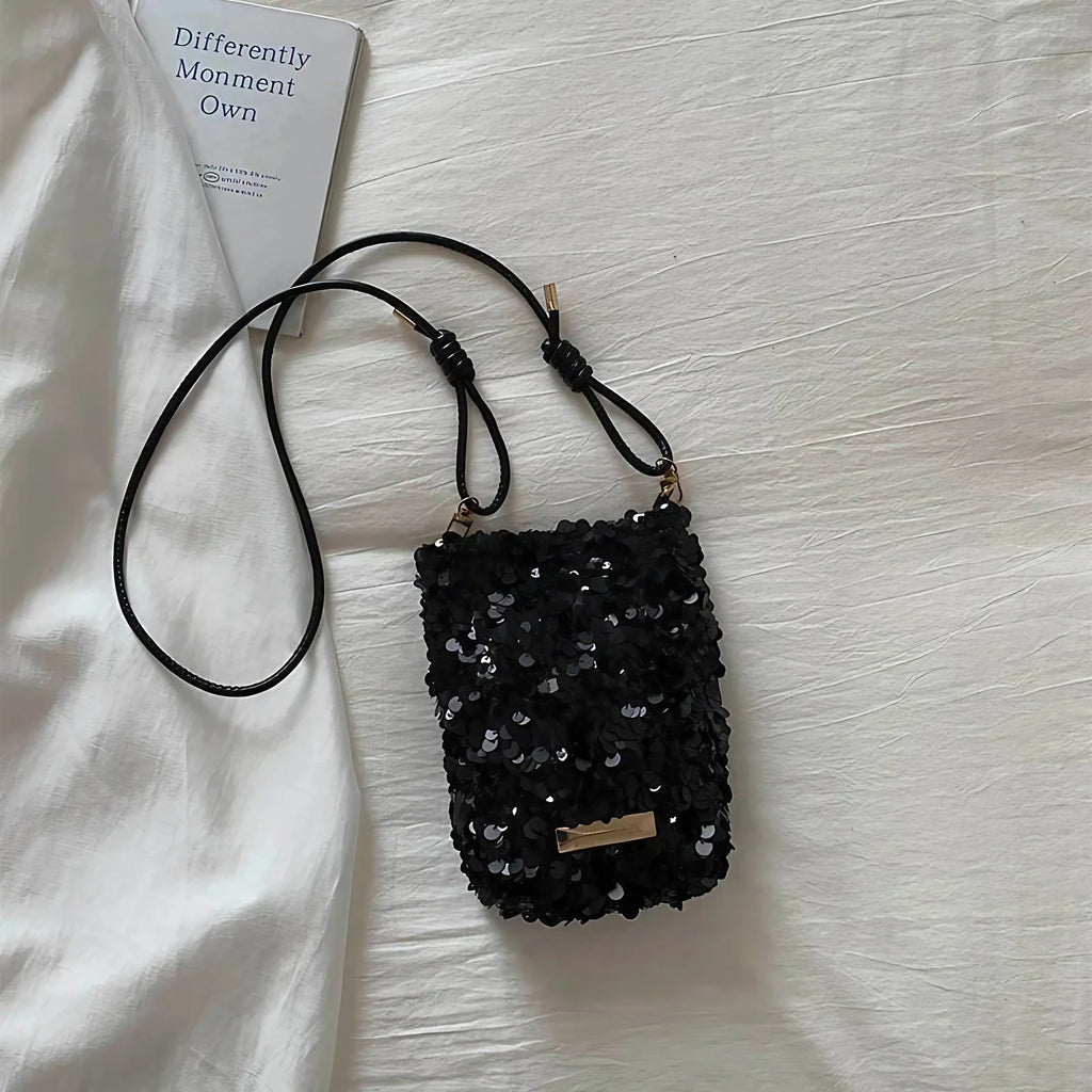 Petit sac bandoulière à sequins femme, écru ou noir, noir