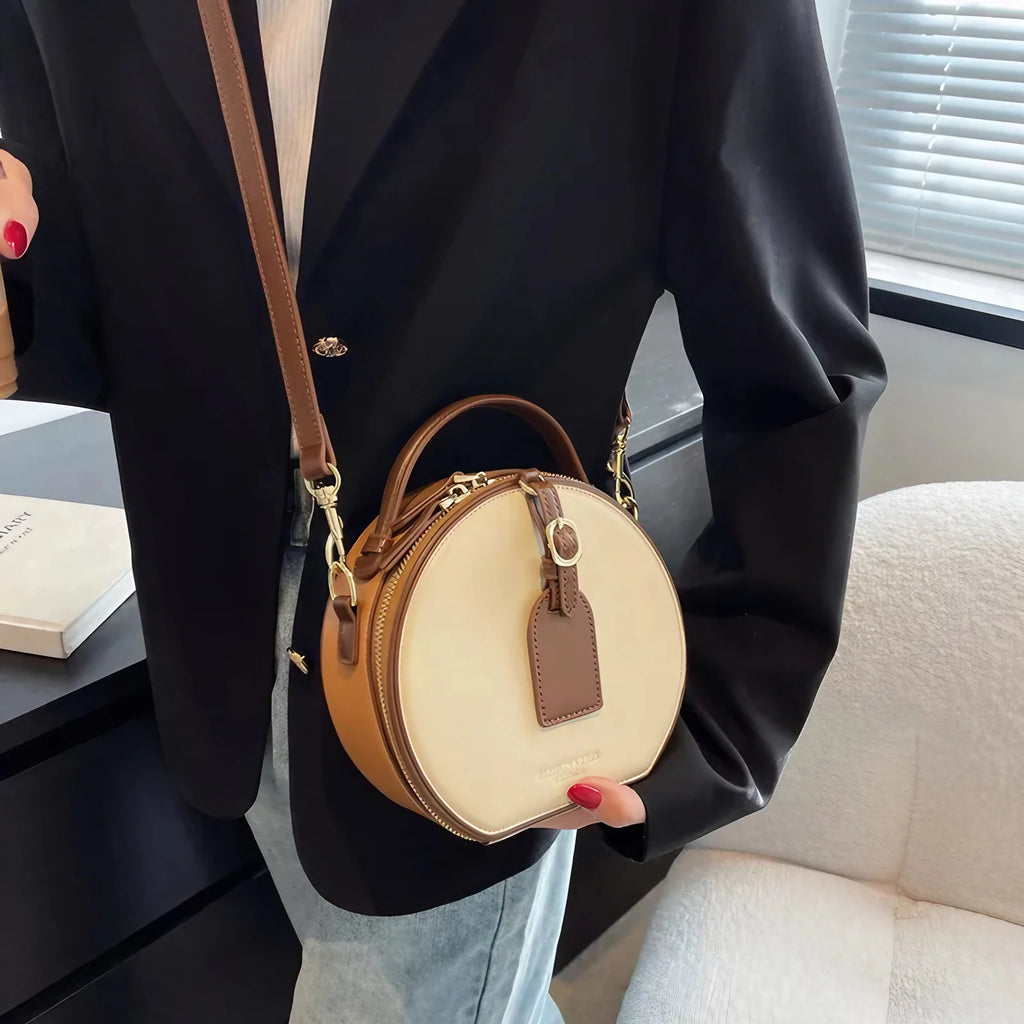 Sac bandoulière rond femme, deux compartiments, beige ou noir