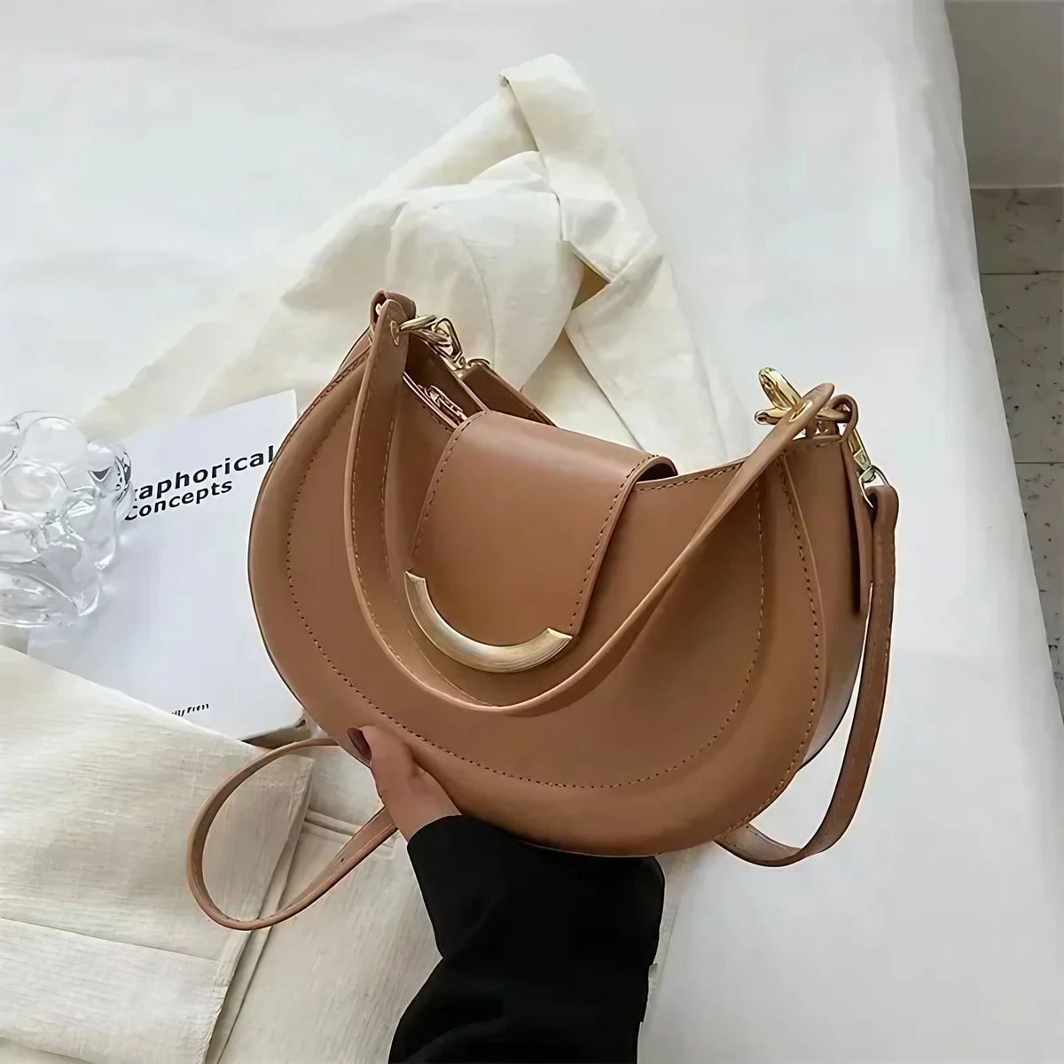 Sac rond rigide femme à deux anses, cinq coloris, marron