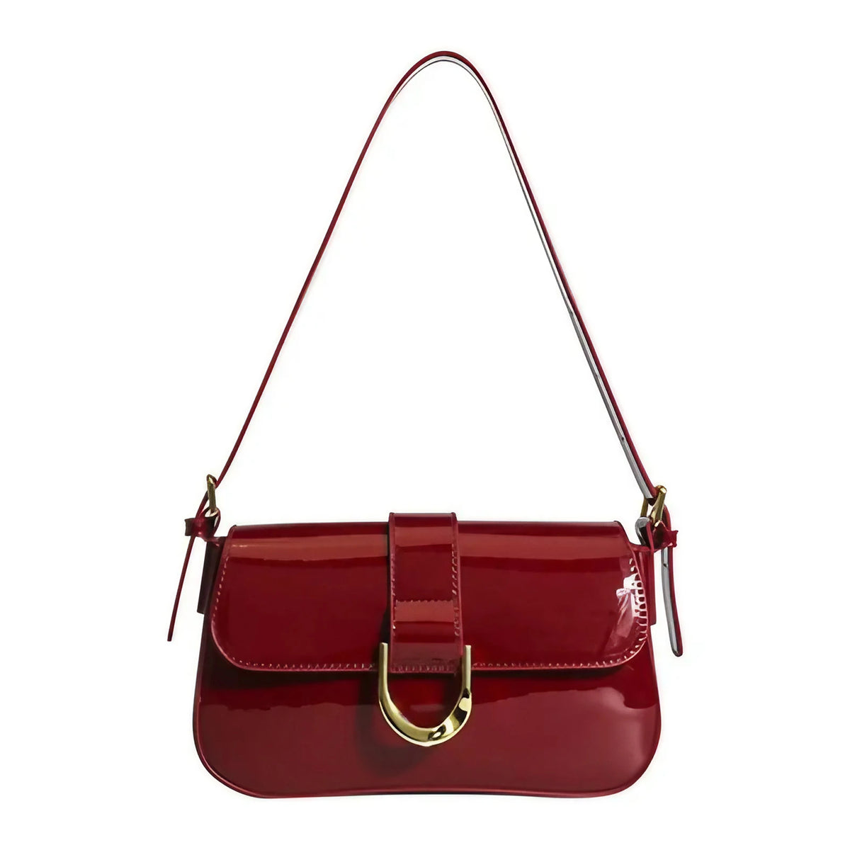 Petit sac bandoulière rouge en similicuir brillant, rabat doré, rouge