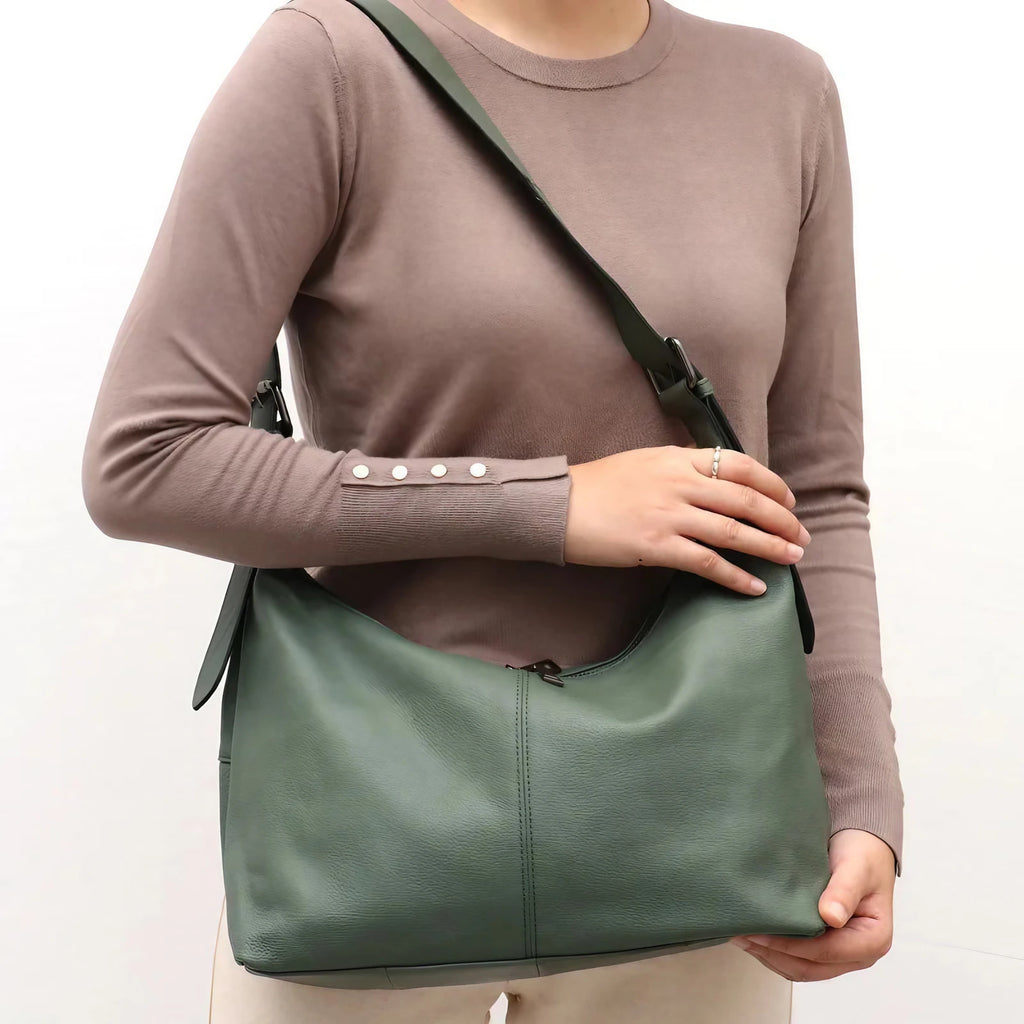 Sac bandoulière femme souple, 31 x 27 cm, noir ou sauge