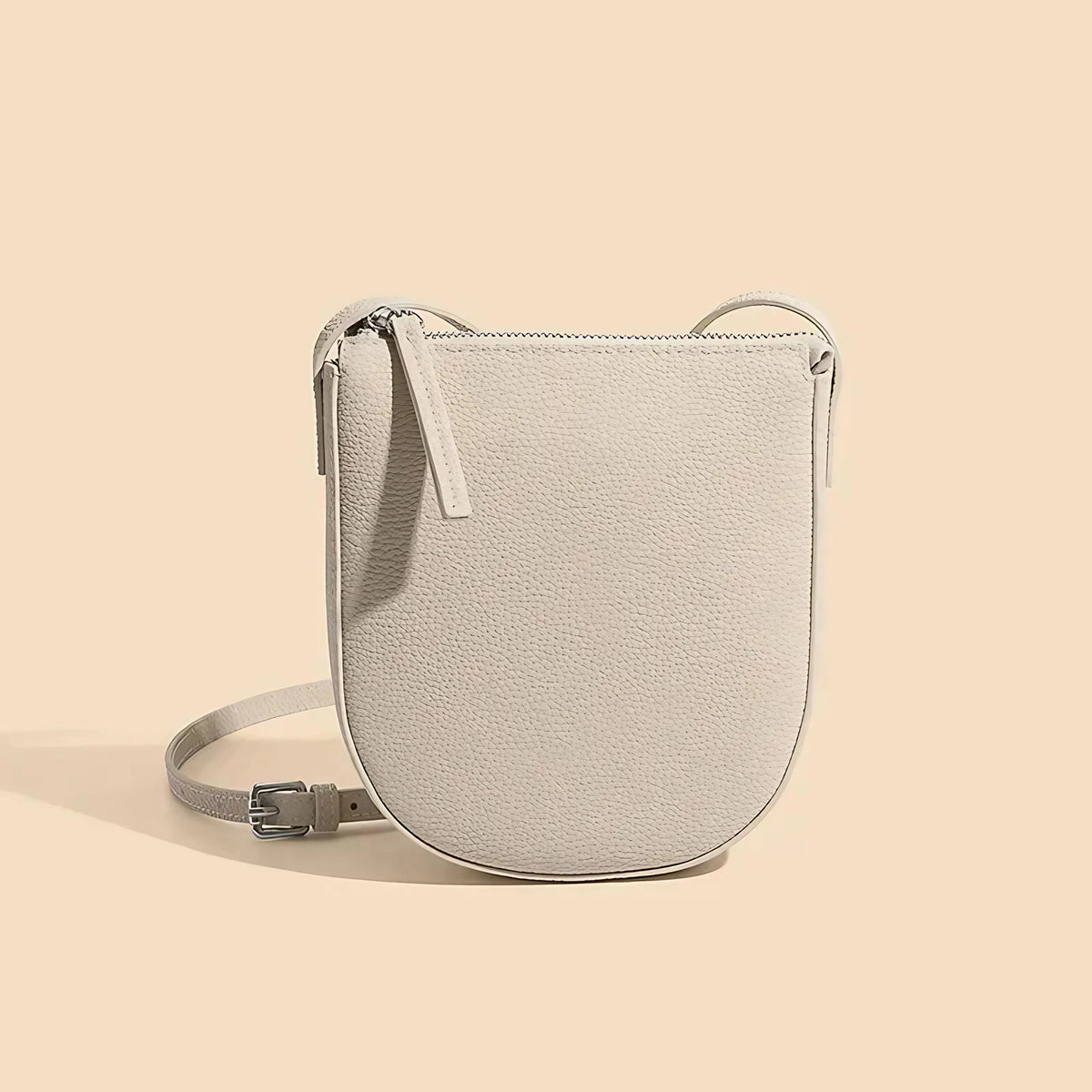 Sac bandoulière pour téléphone femme en cuir grainé, écru