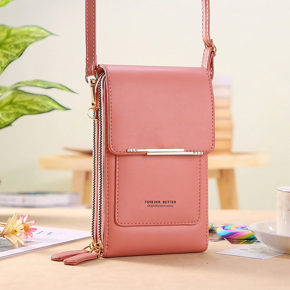 Sac bandoulière femme avec fenêtre tactile pour téléphone, rose