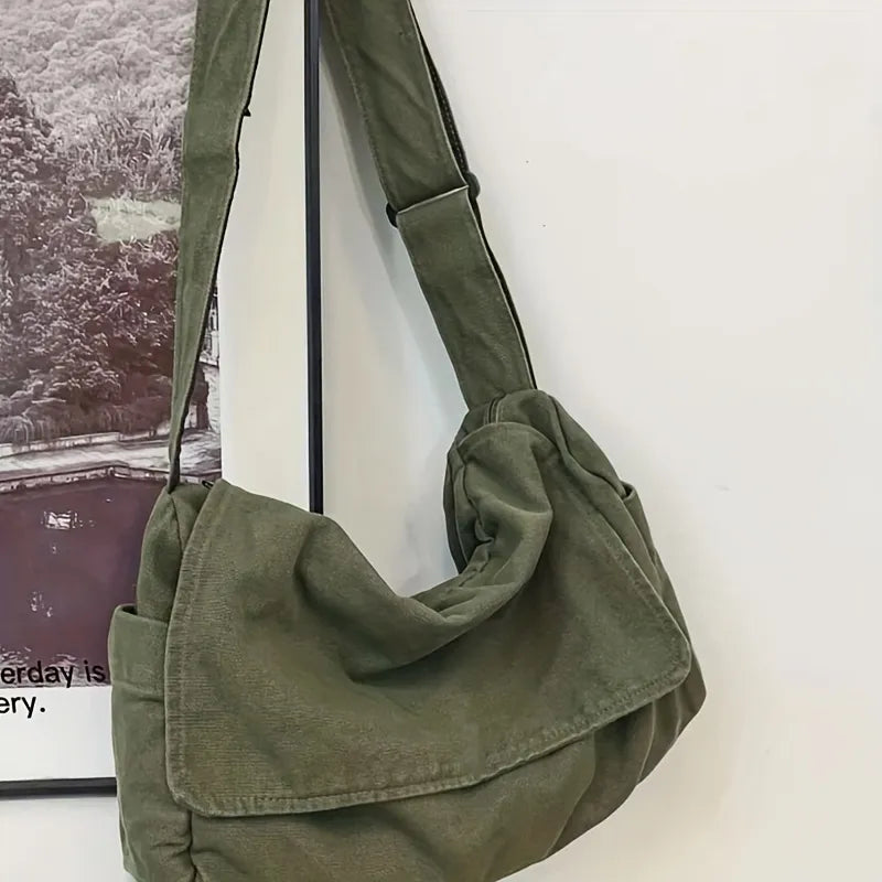 Sac besace en toile mixte à rabat, 41 x 22 cm