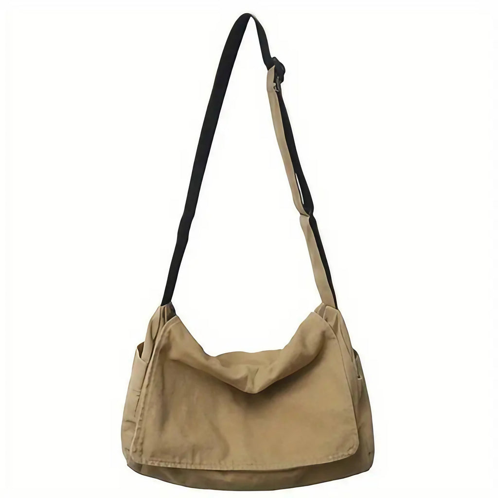 Sac besace en toile mixte à rabat, 41 x 22 cm, beige