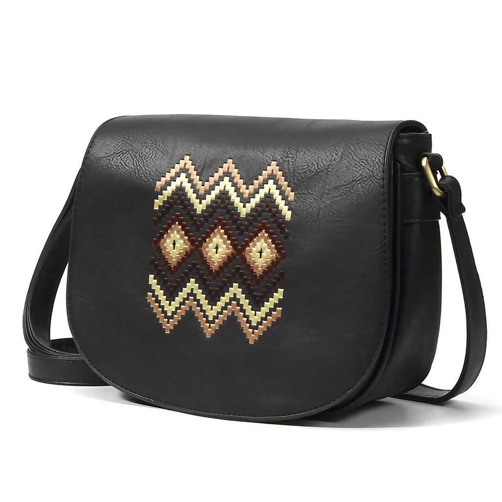Sac bandoulière rétro femme en similicuir, trois poches intérieures, noir