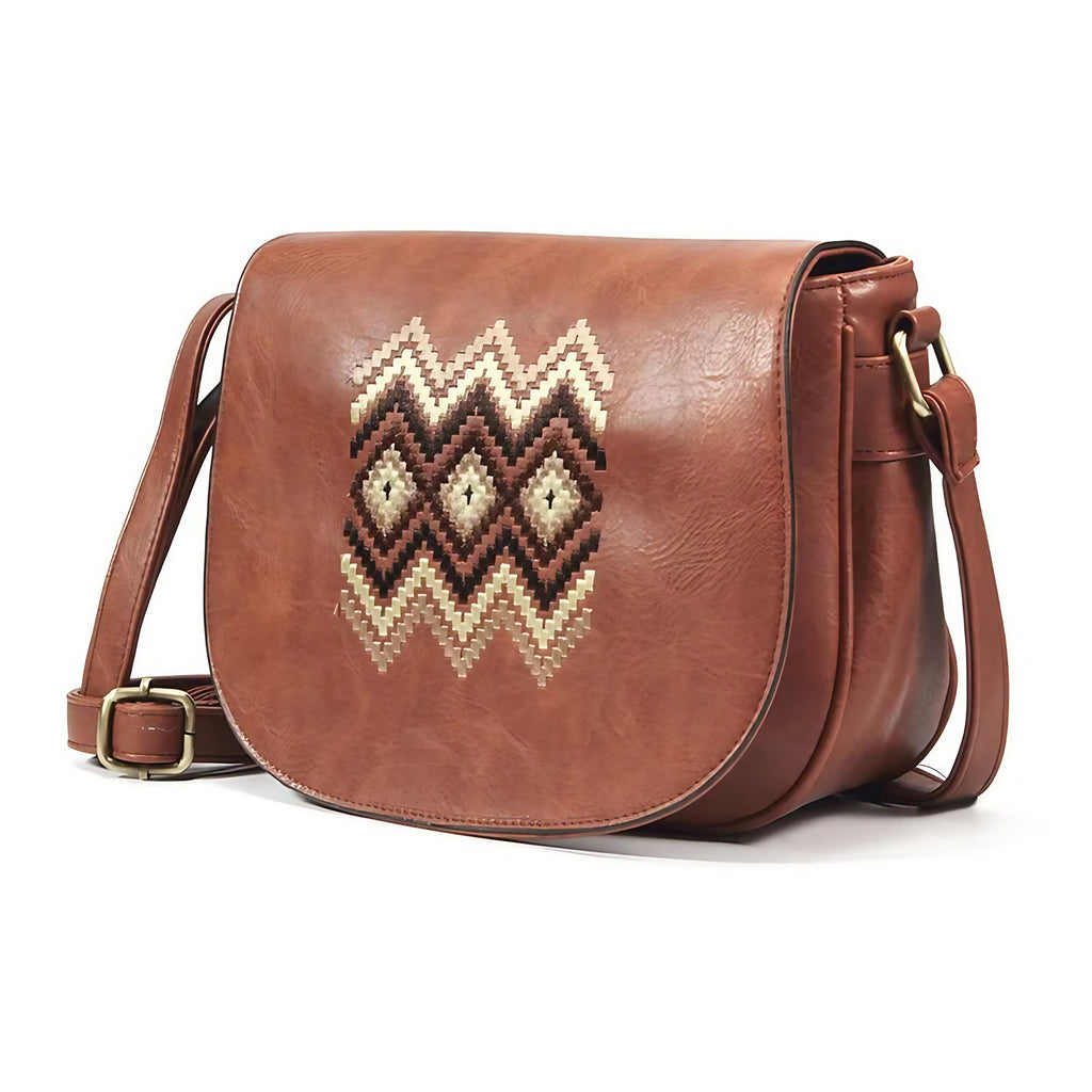 Sac bandoulière rétro femme en similicuir, trois poches intérieures, camel