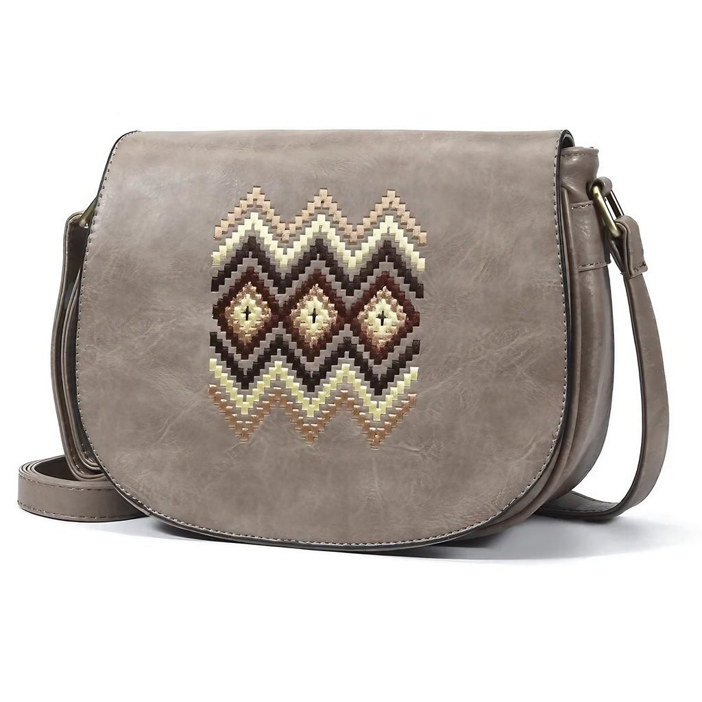 Sac bandoulière rétro femme en similicuir, trois poches intérieures, gris
