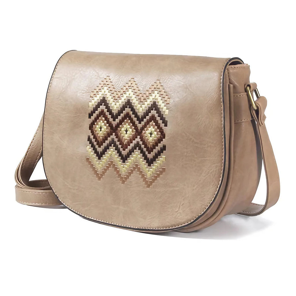 Sac bandoulière rétro femme en similicuir, trois poches intérieures, beige