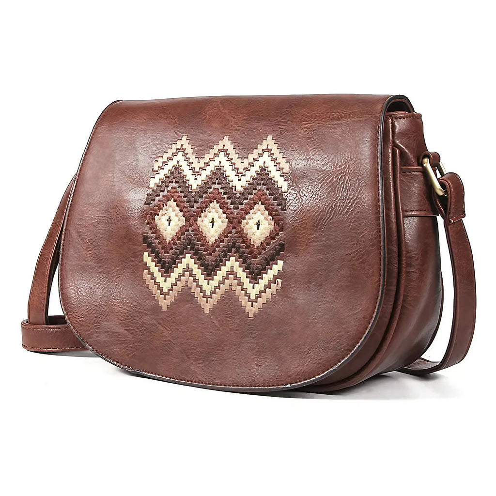 Sac bandoulière rétro femme en similicuir, trois poches intérieures, marron foncé
