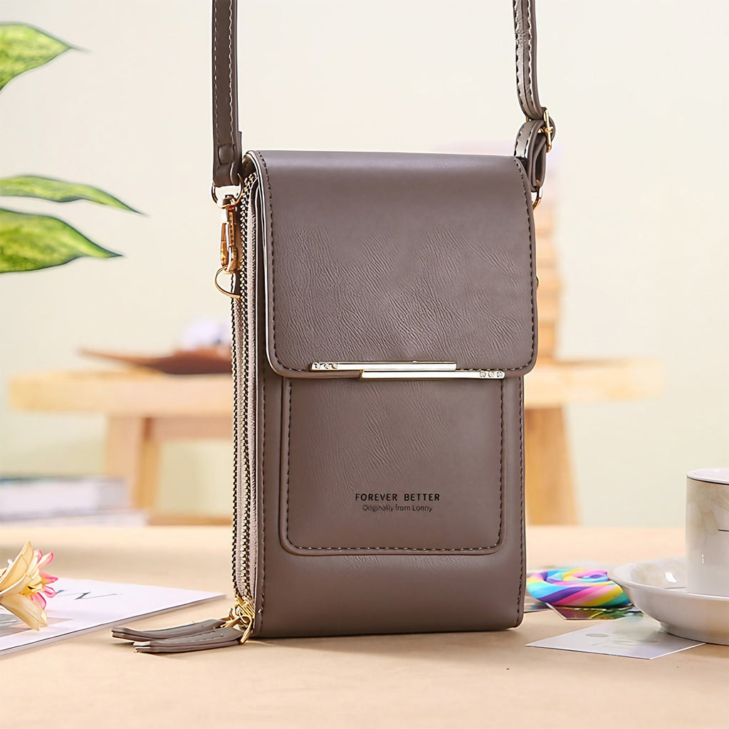 Petit sac bandoulière pour téléphone à fenêtre tactile, brun clair
