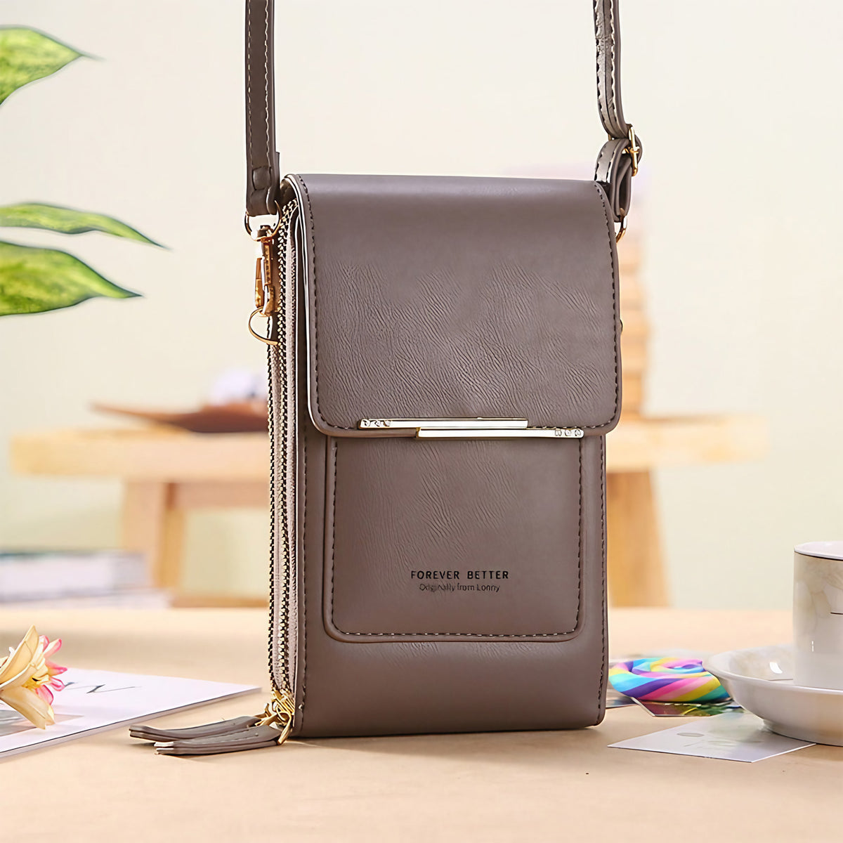 Petit sac bandoulière pour téléphone à fenêtre tactile, brun clair