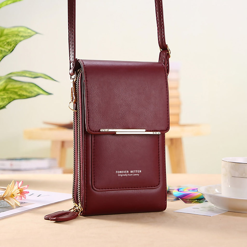 Petit sac bandoulière pour téléphone à fenêtre tactile, rouge vin