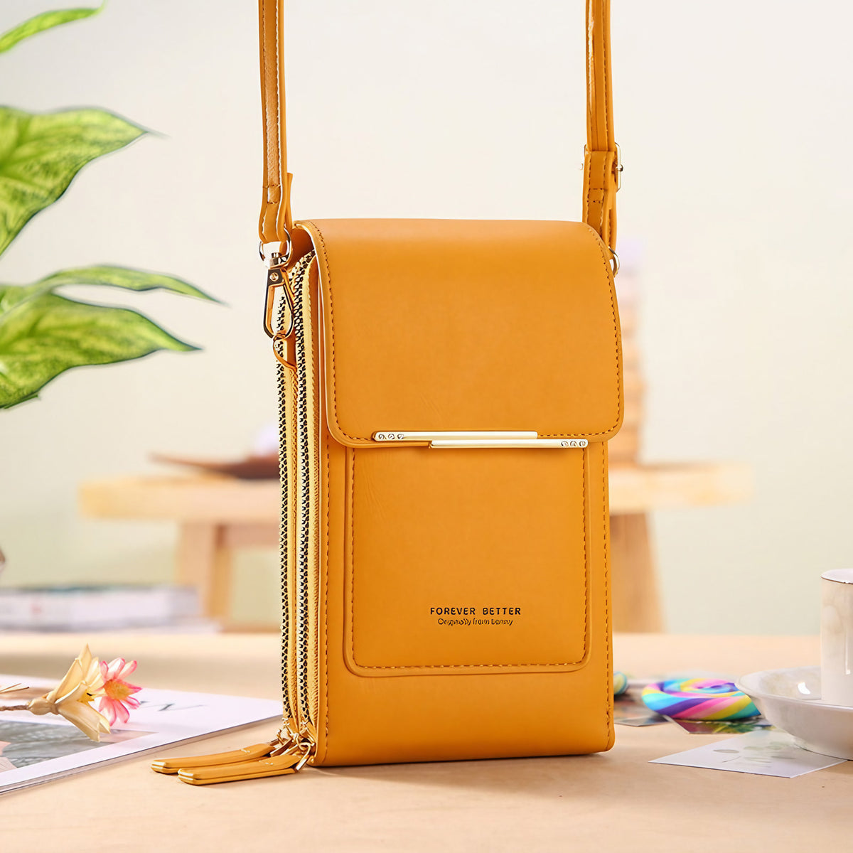 Petit sac bandoulière pour téléphone à fenêtre tactile, jaune moutarde