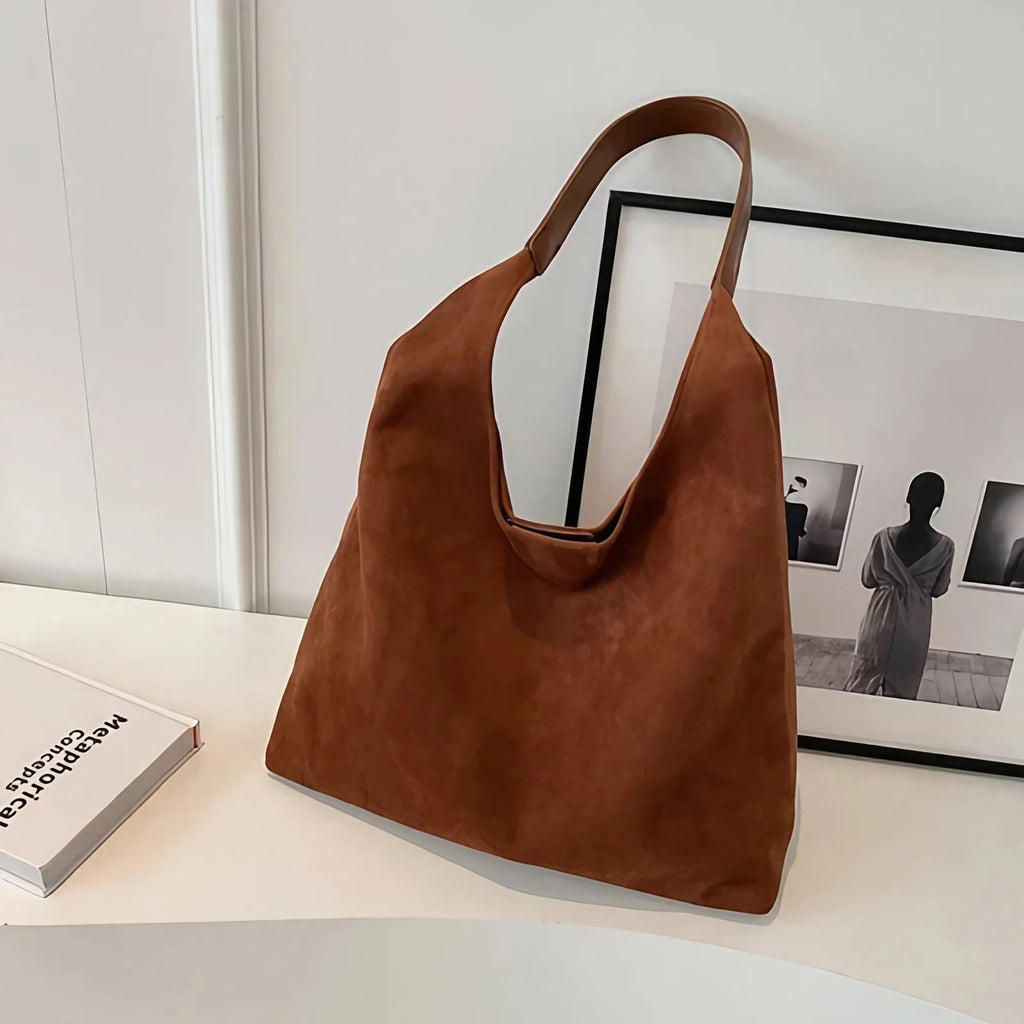 Sac besace femme en suédine, forme trapèze, cinq coloris, marron