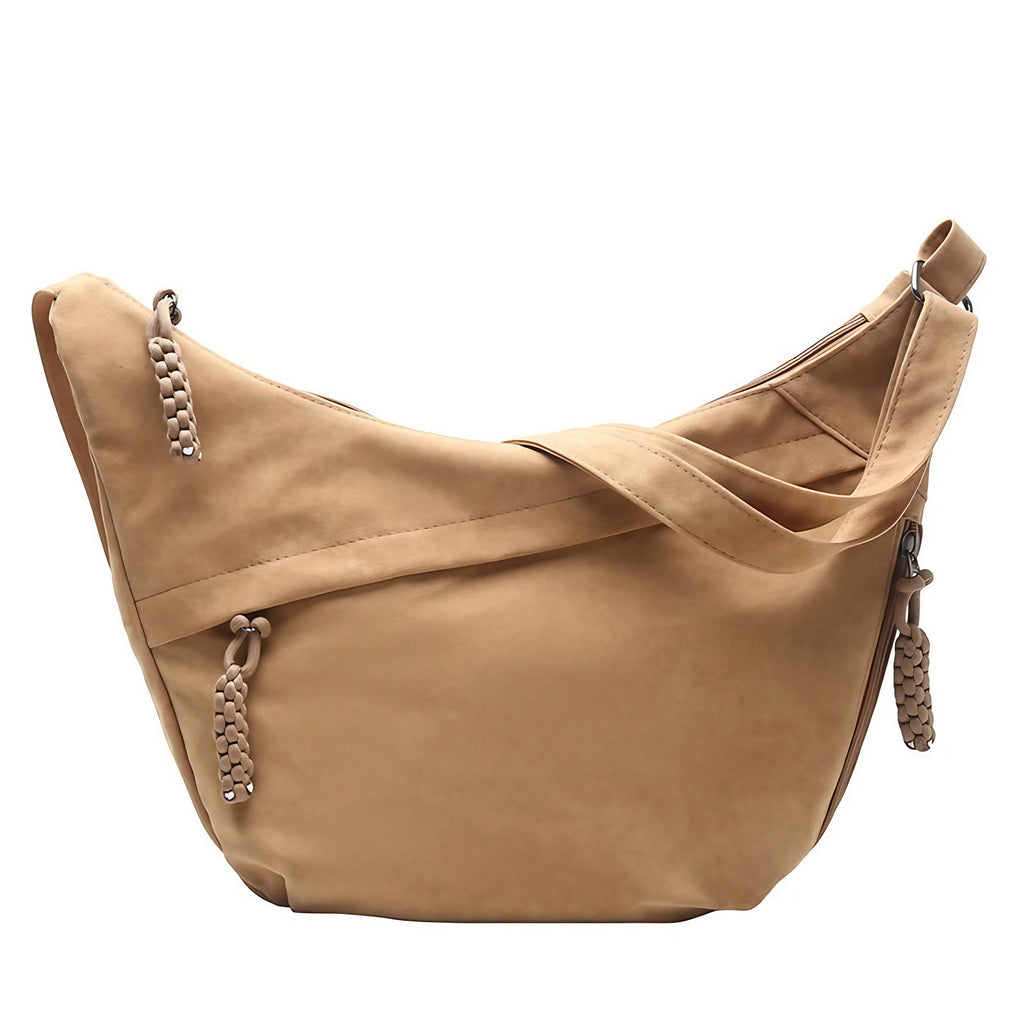 Sac besace femme en faux daim, forme demi-lune, beige