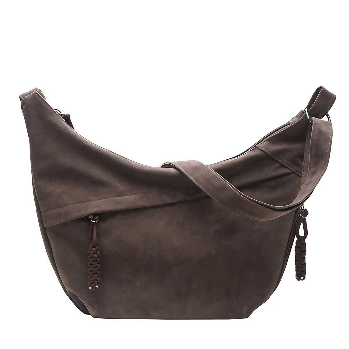 Sac besace femme en faux daim, forme demi-lune, café
