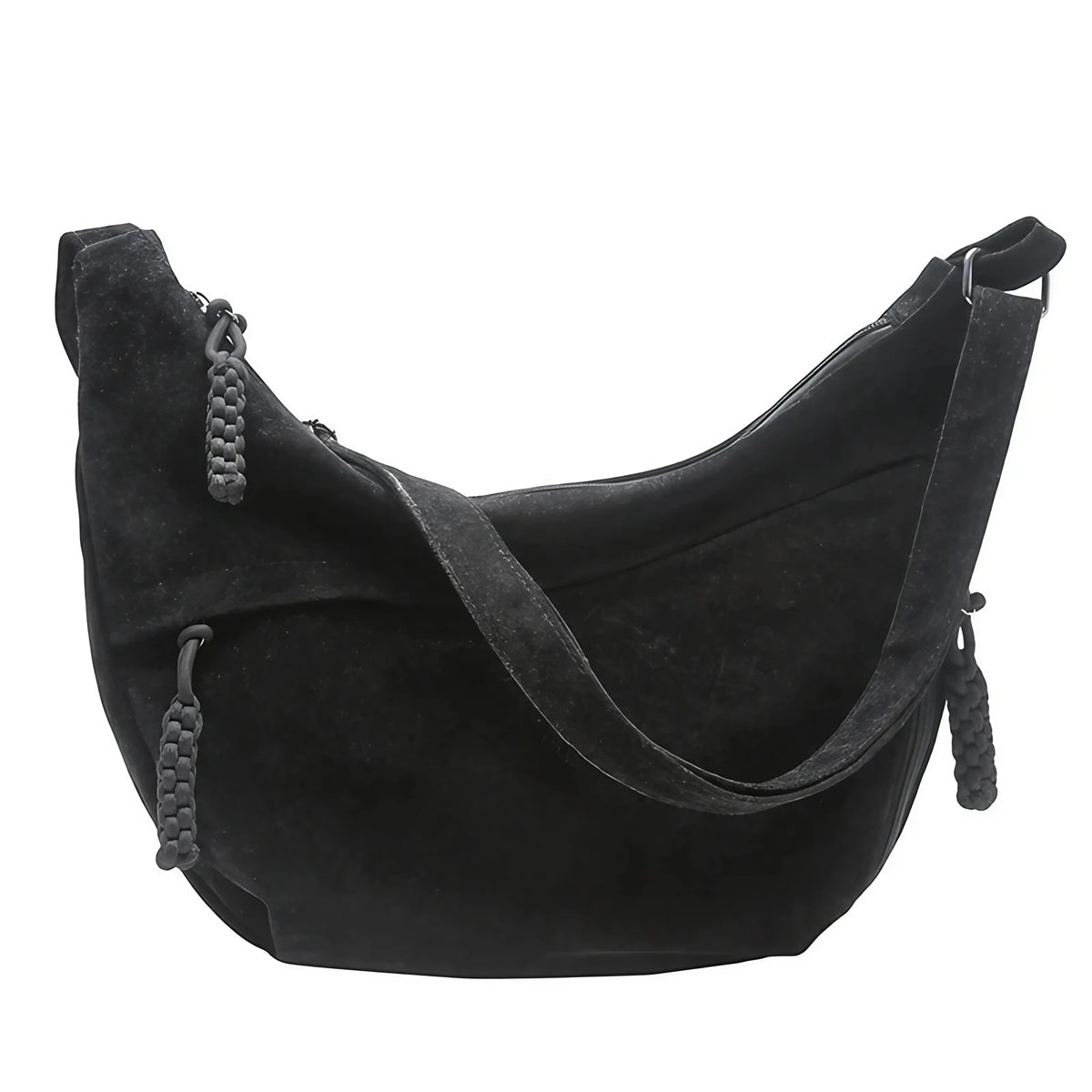 Sac besace femme en faux daim, forme demi-lune, noir