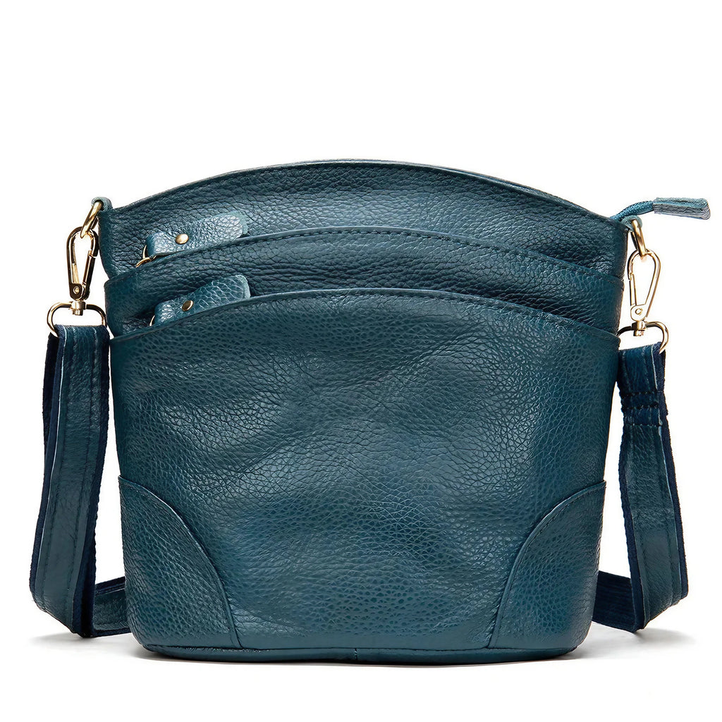 Sac besace femme en similicuir, deux poches avant, six coloris, bleu