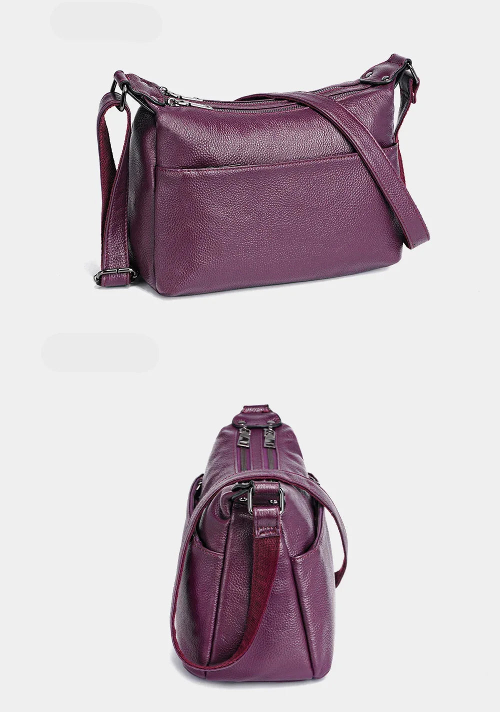 Sac besace femme à texture grainée, deux compartiments zippés