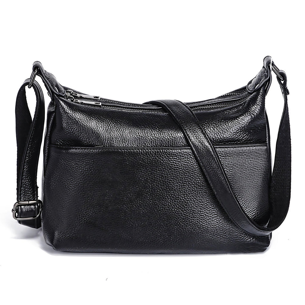 Sac besace femme à texture grainée, deux compartiments zippés, noir