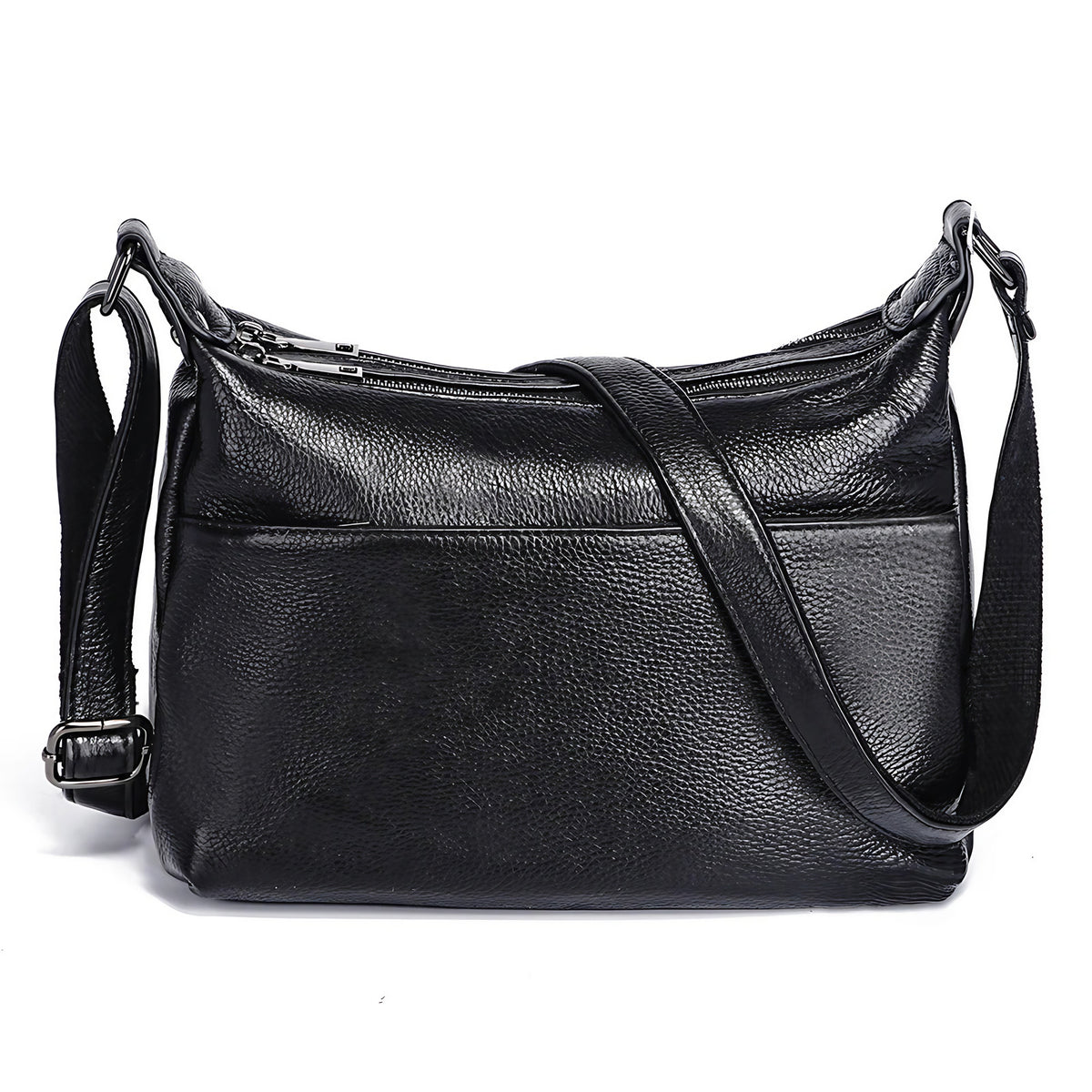 Sac besace femme à texture grainée, deux compartiments zippés, noir