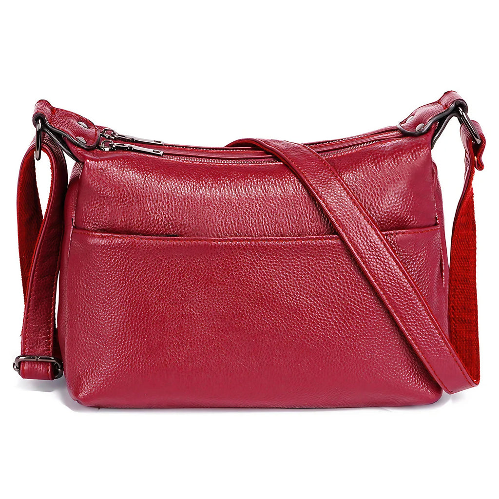 Sac besace femme à texture grainée, deux compartiments zippés, rouge foncé