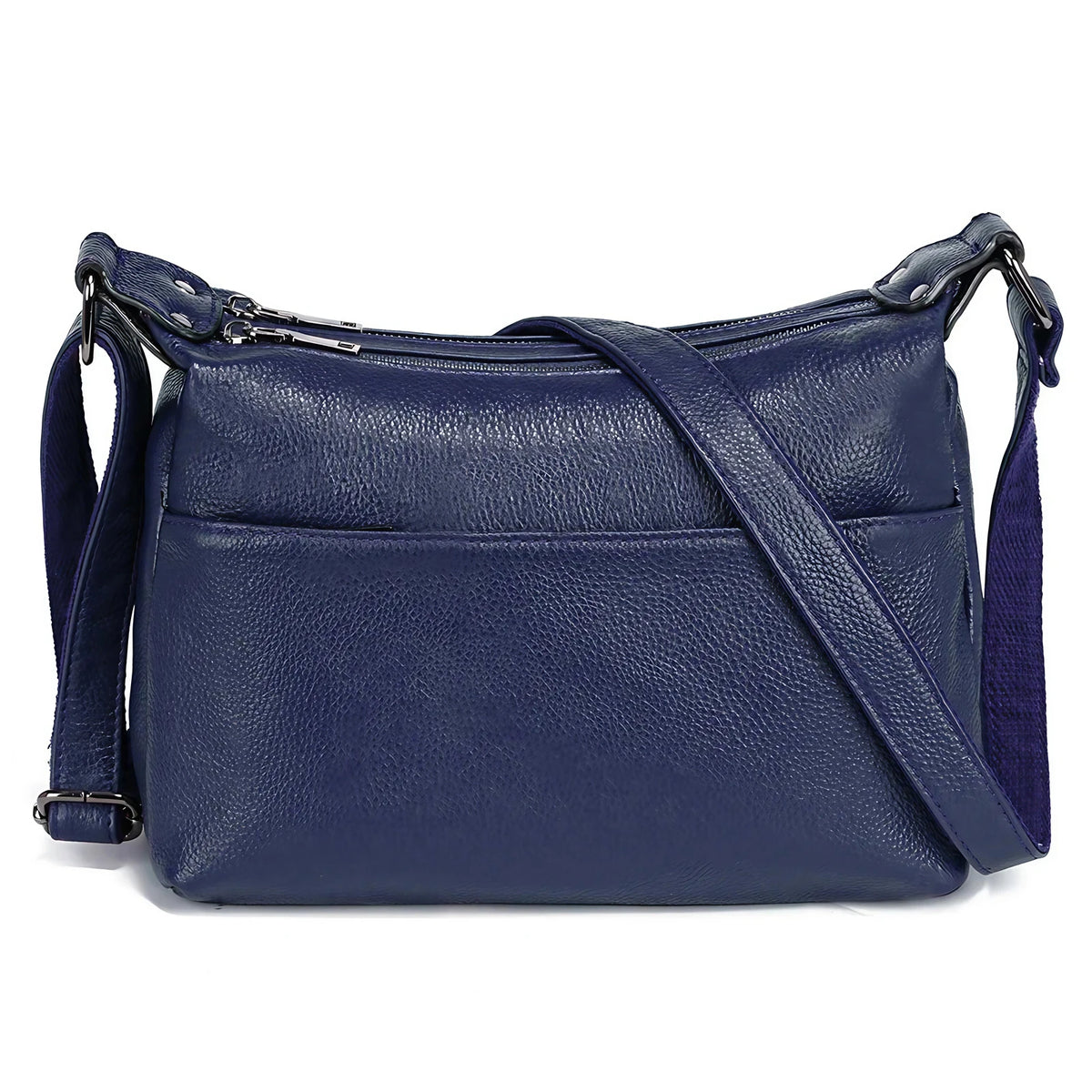 Sac besace femme à texture grainée, deux compartiments zippés, bleu