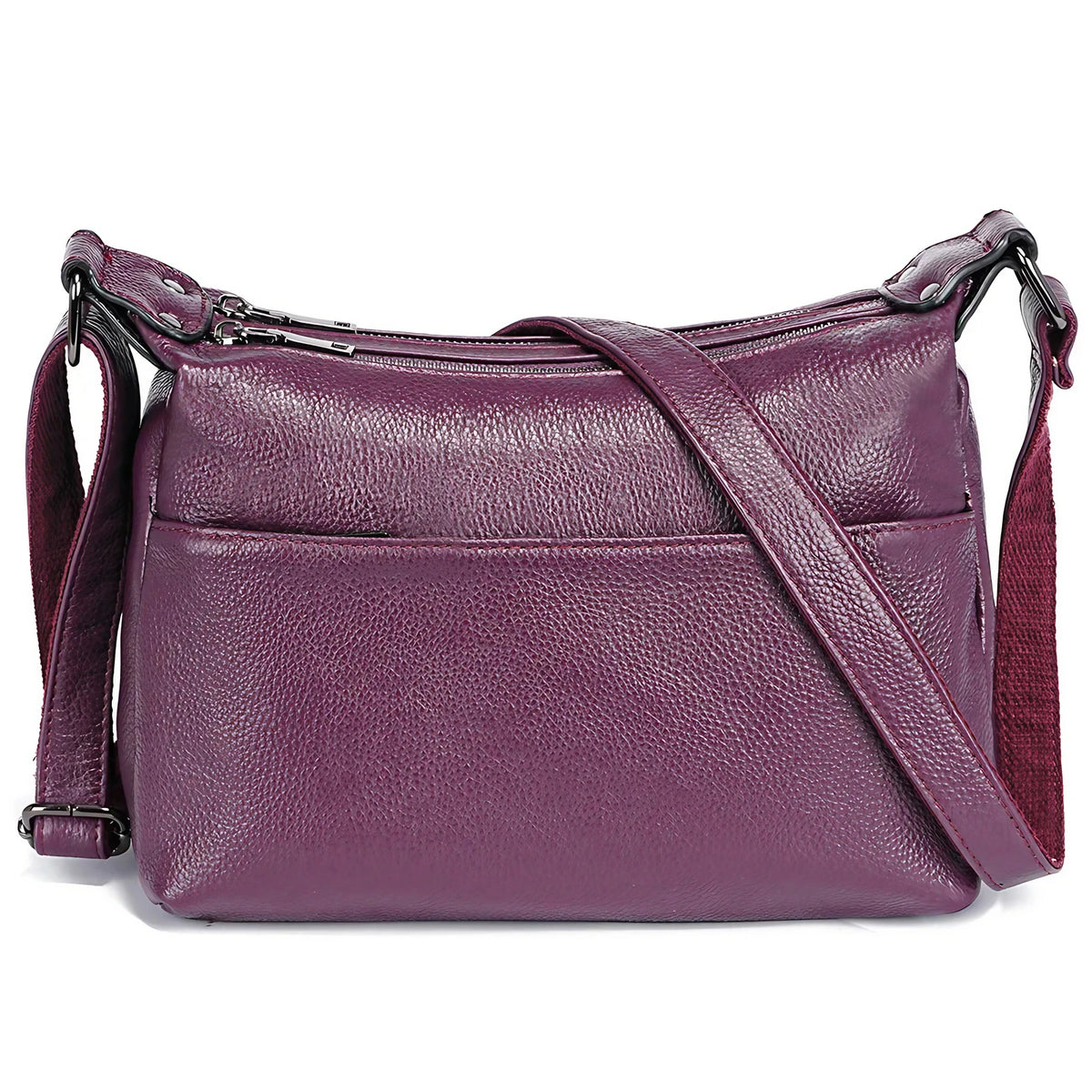 Sac besace femme à texture grainée, deux compartiments zippés, violet
