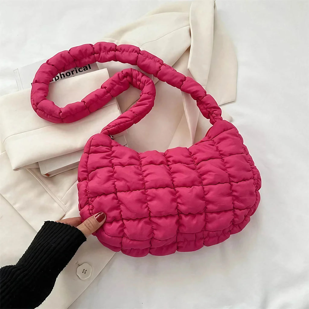 Sac besace femme matelassé effet bulle, bandoulière large, fuchsia