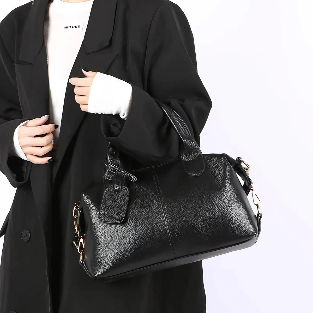 Sac bowling femme noir en similicuir grainé, 29 x 19 cm