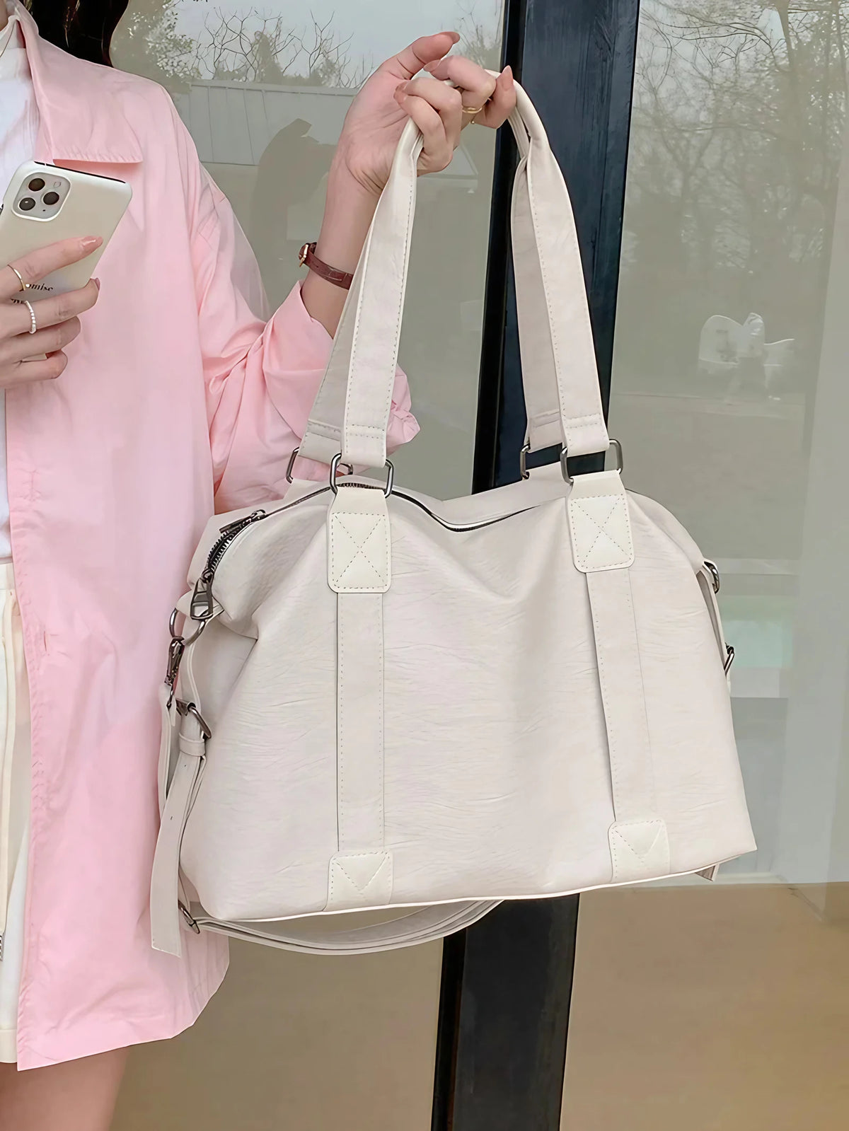 Sac cabas femme format ordinateur, bandoulière amovible, crème