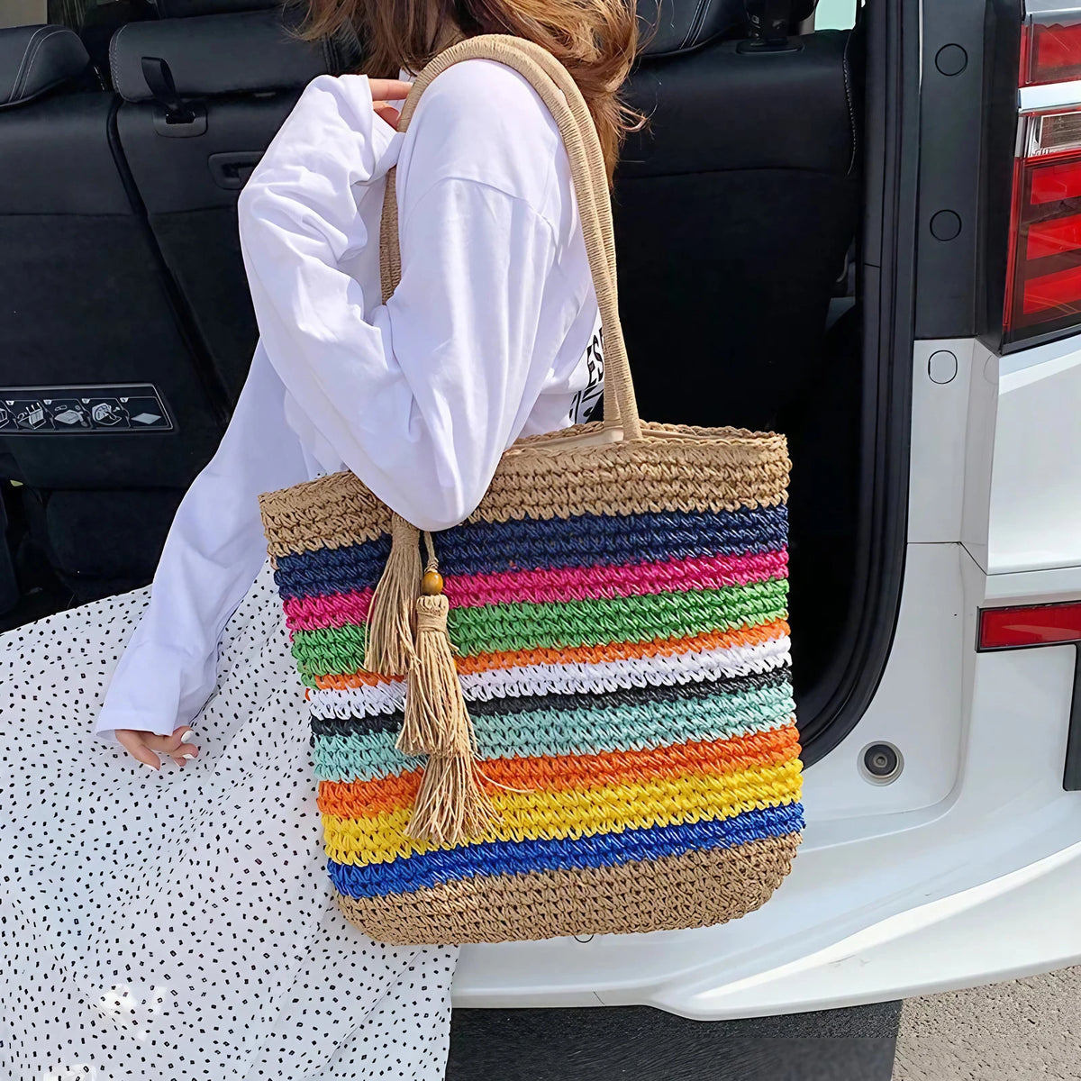 Sac cabas de plage multicolore à rayures, zippé et doublé