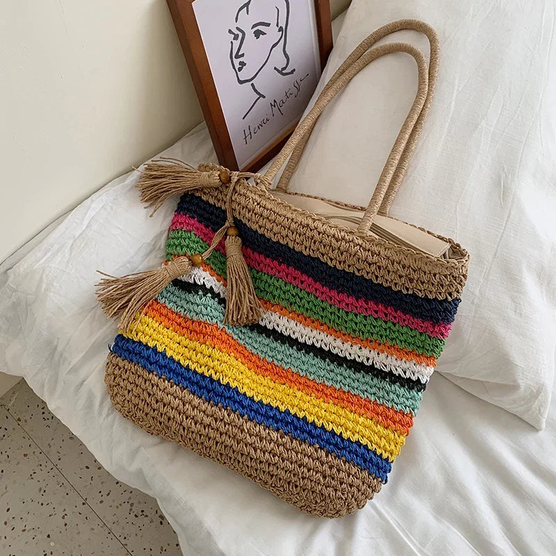 Sac cabas de plage multicolore à rayures, zippé et doublé